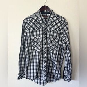 Rock & Roll Cowboy Mens Snap Button Down Shirt Large Black White Plaid Western